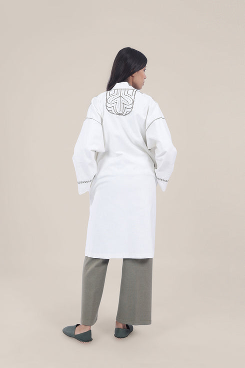 Embroidered long coat in linen cotton blend